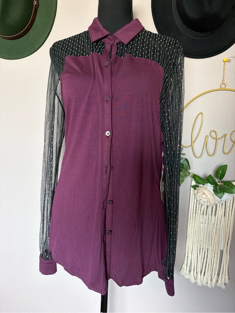 Princess Vera Wang Plum Button-Front Top with Sheer Stripe Detail